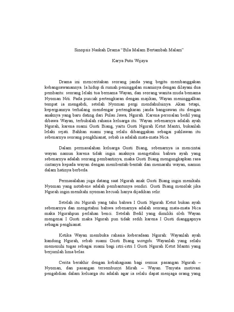 Sinopsis Naskah Drama Bila Malam Bertambah Malam | PDF