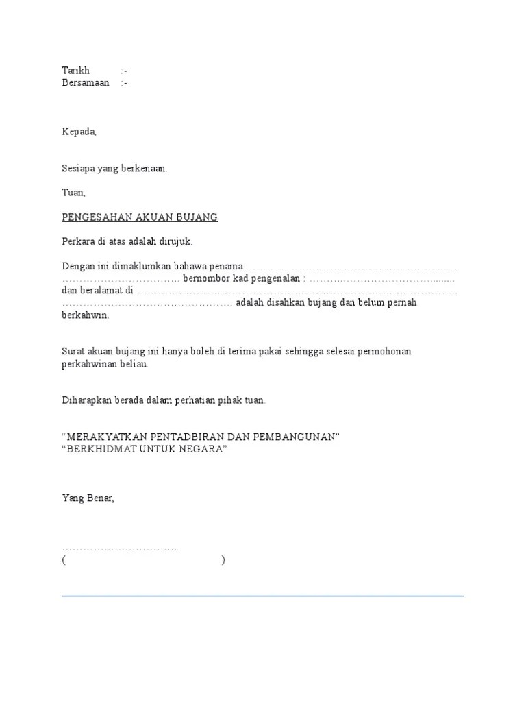 Contoh surat perakuan bujang dari majikan. Surat Akuan Bujang Ketua Kampung Pdf