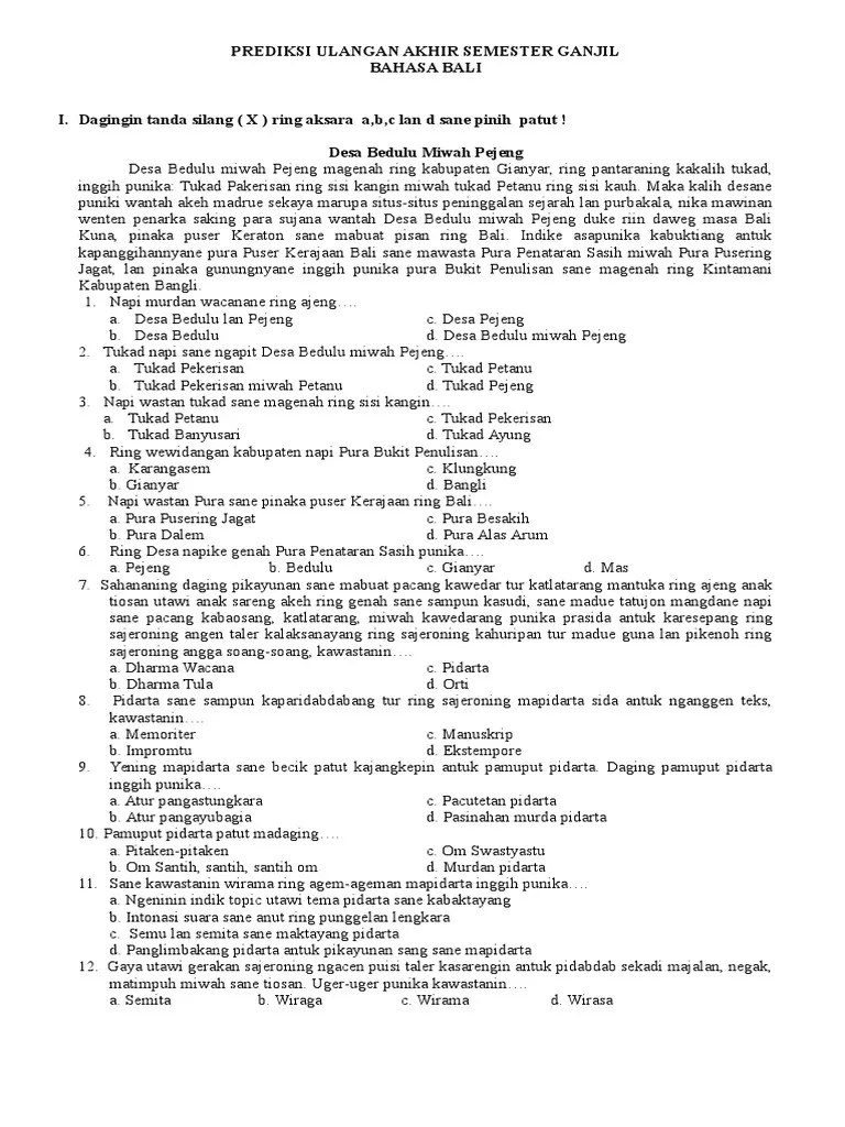 Soal Ulangan Bahasa Bali Kelas 6 Sd