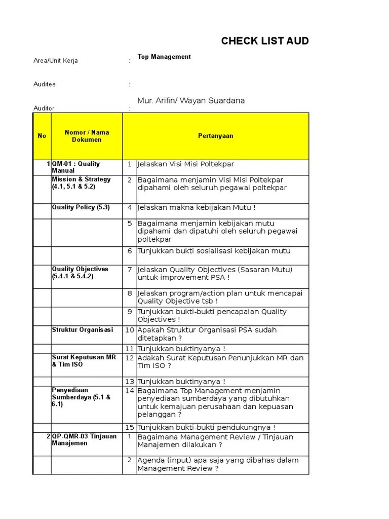 Untuk membantu auditor melaksanakan audit sumber daya manusia secara lengkap, maka metoda daftar periksa dapat digunakan sebagai perangkat alternative. Contoh Checklist Audit Internal Poltekpar Pdf