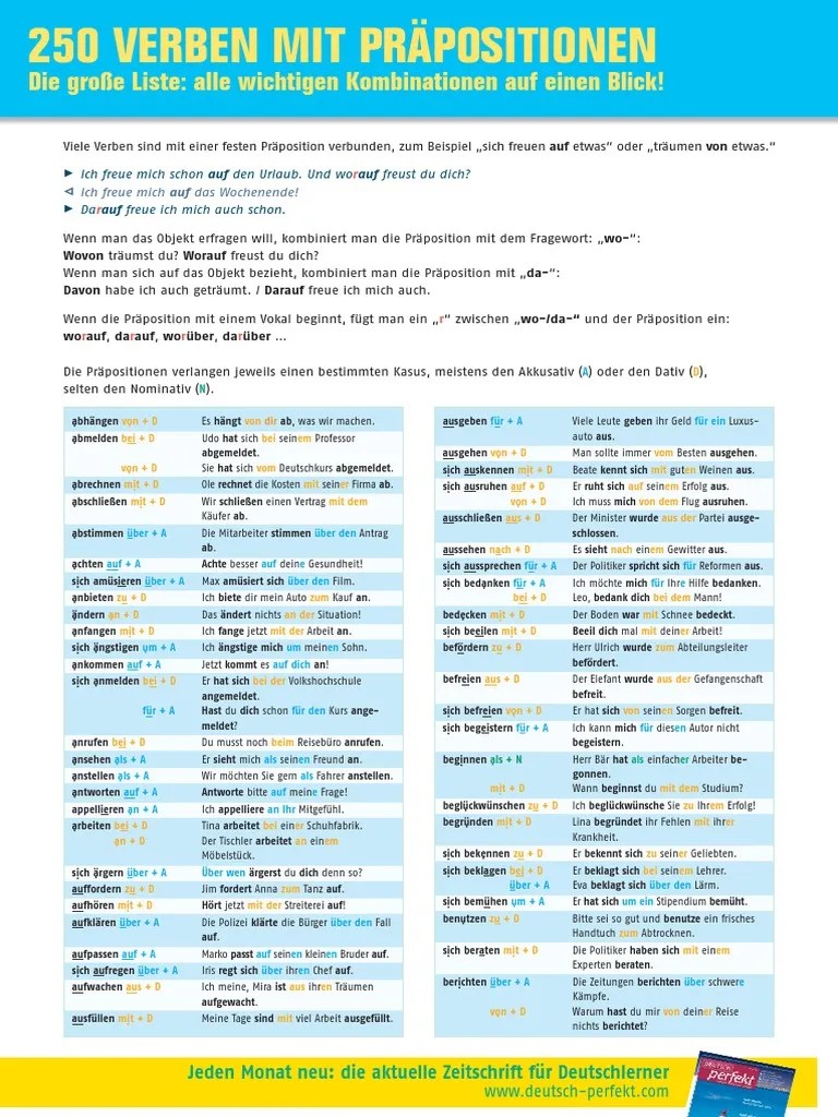 Deutsch aber hallo und oberstufe isbn grammatik b2 inhaltsverzeichnis . 250 VERBEN MIT PRÃPOSITIONEN