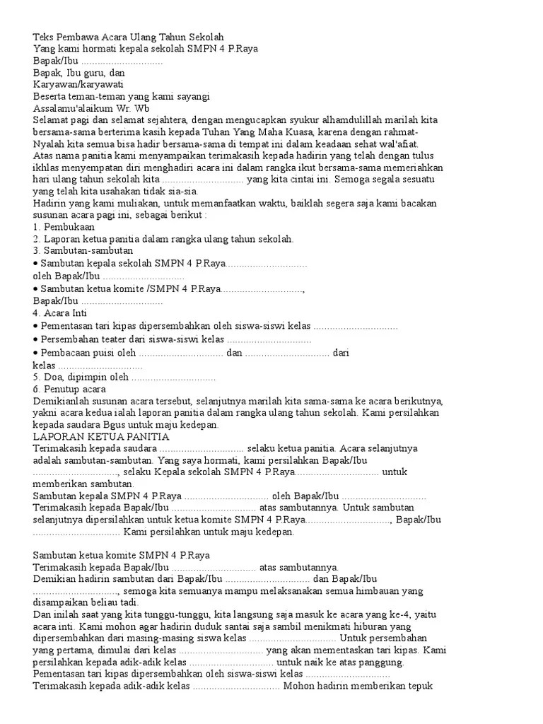 Dalam membuat naskah contoh teks pembawa acara ulang tahun dalam bahasa sunda, sang pembawa acara atau mc tentu saja harus membawakan narasi atau informasi . Teks Pembawa Acara Ulang Tahun Sekolah Pdf