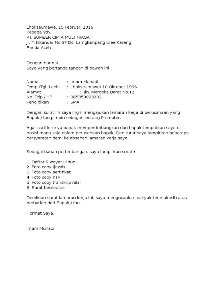 Kurnia garam sejahtera saat ini membutuhkan kandidat untuk mengisi posisi sebagai: Contoh Surat Lamaran Kerja Pt Sumber Cipta Multiniaga ...