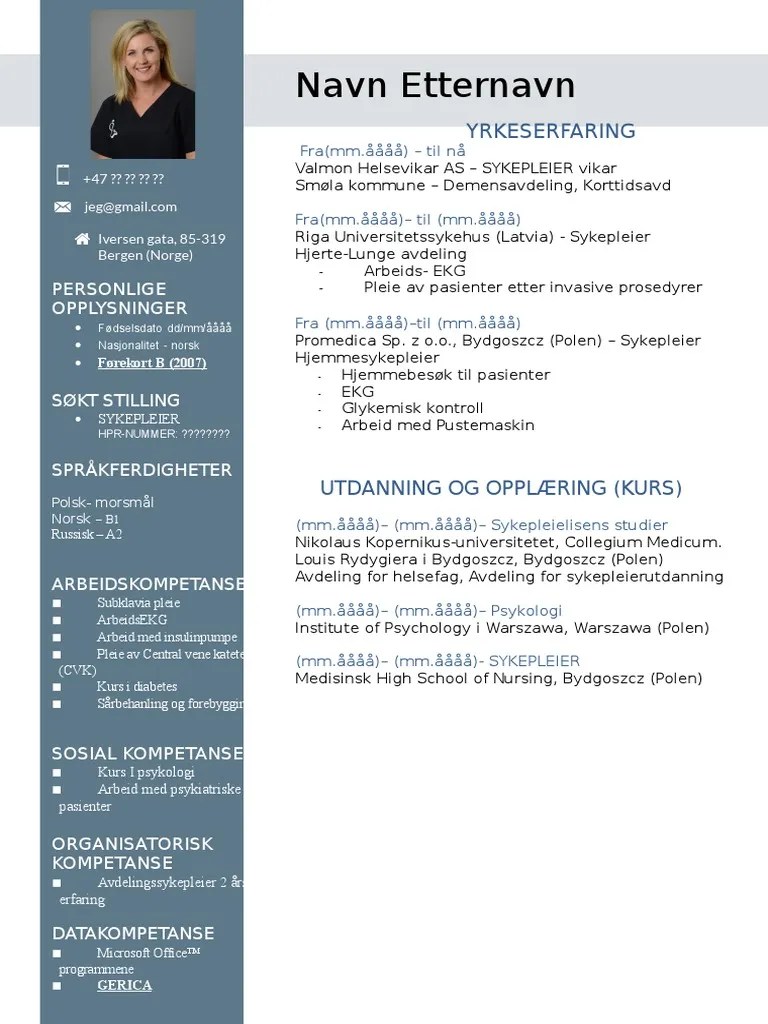 Cv står for curriculum vitae. Cv Navn Etternavn Ny Eksempel Pdf
