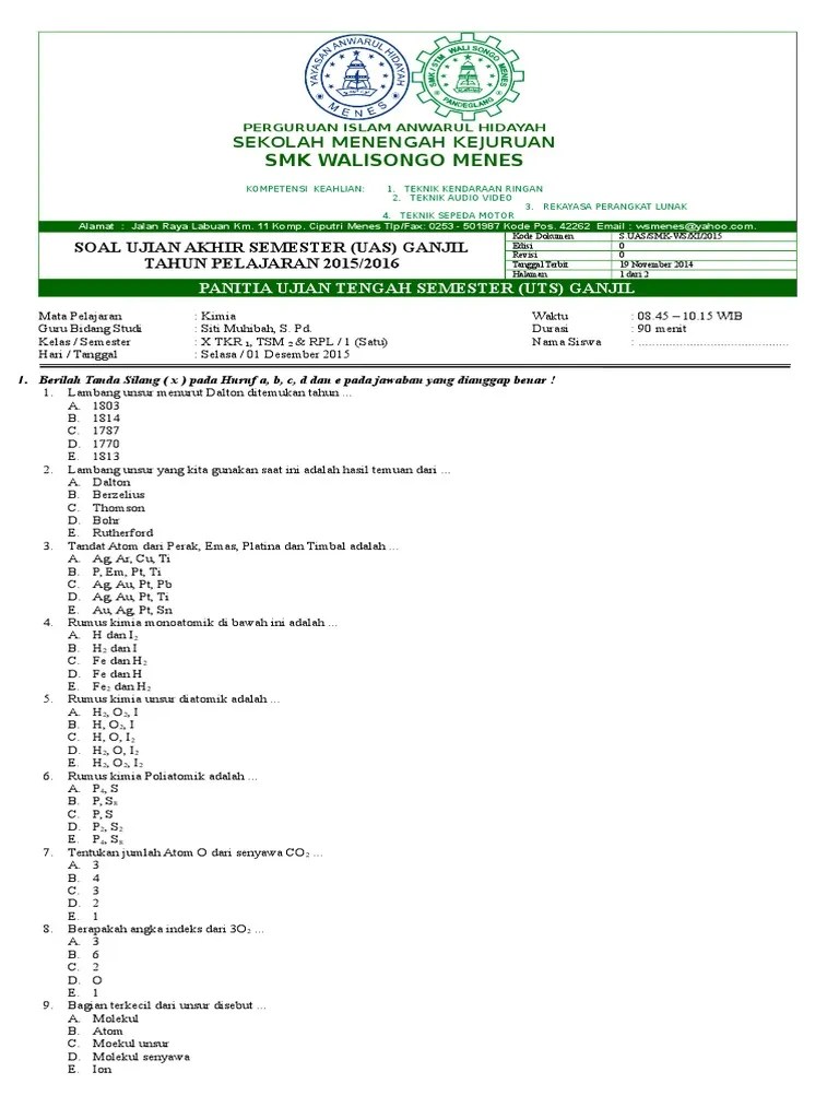 Smk negeri 1 bangkinang · kimia kelas xii. Soal Uas Kimia Smk 2015