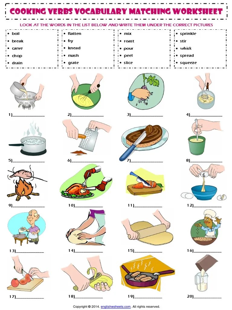cooking verbs esl vocabulary matching exercise worksheet