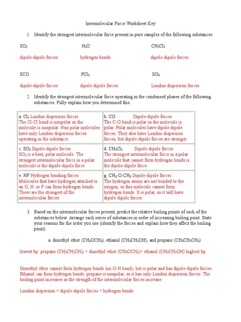 (forces that exist within molecules, . 115 Intermolecular Force Worksheet Key Pdf Chemical Polarity Intermolecular Force