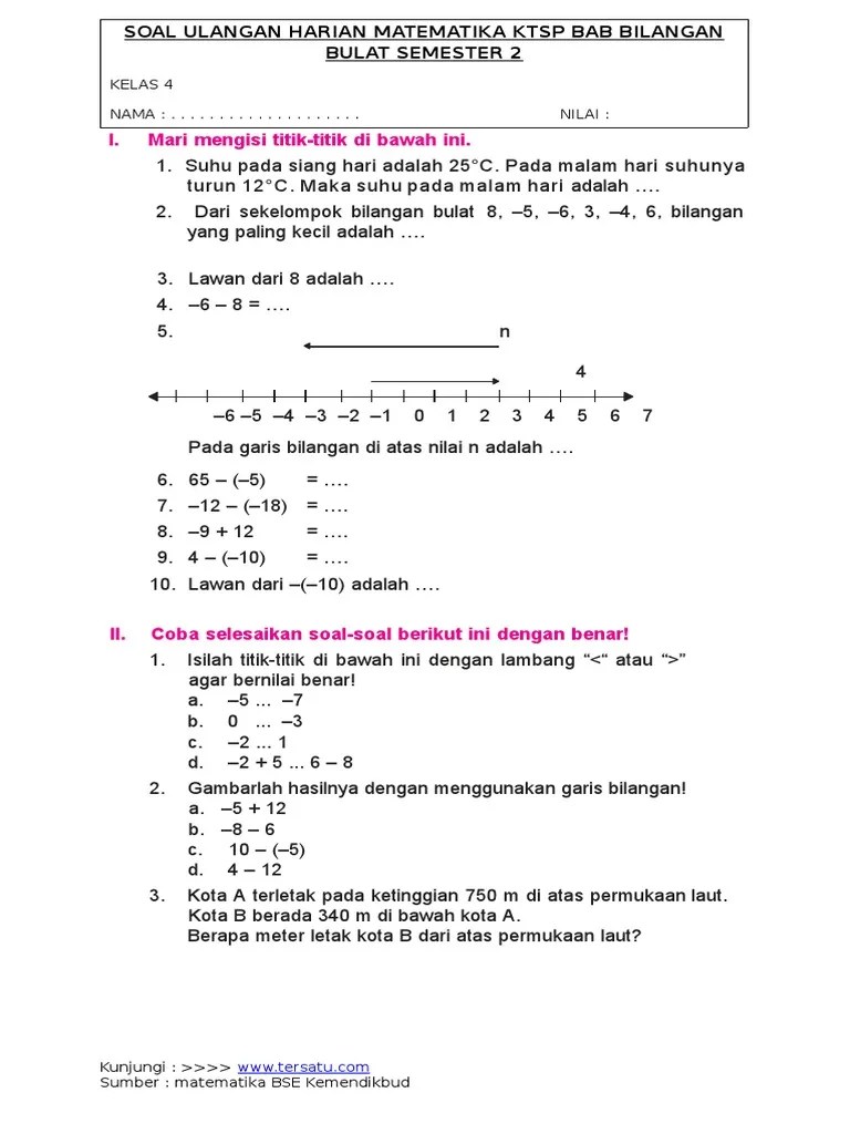 Soal Ulangan Harian Matematika Kelas 4 KTSP Bab Bilangan Bulat SMSTR | PDF