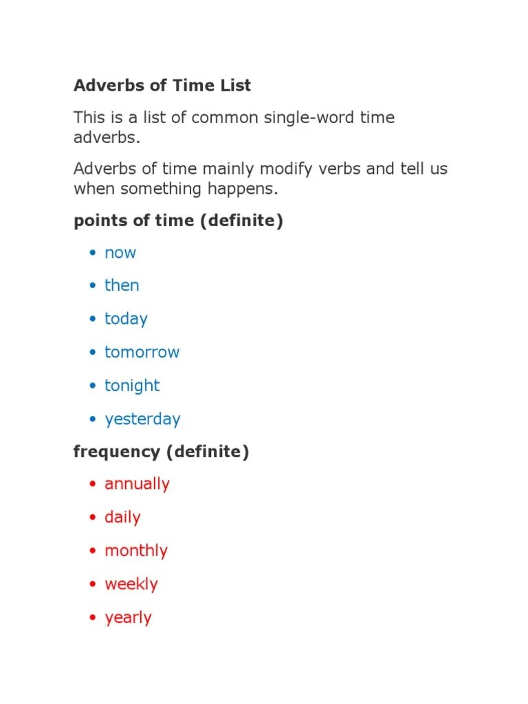 Adverbs of time | types: Adverbs Of Time List