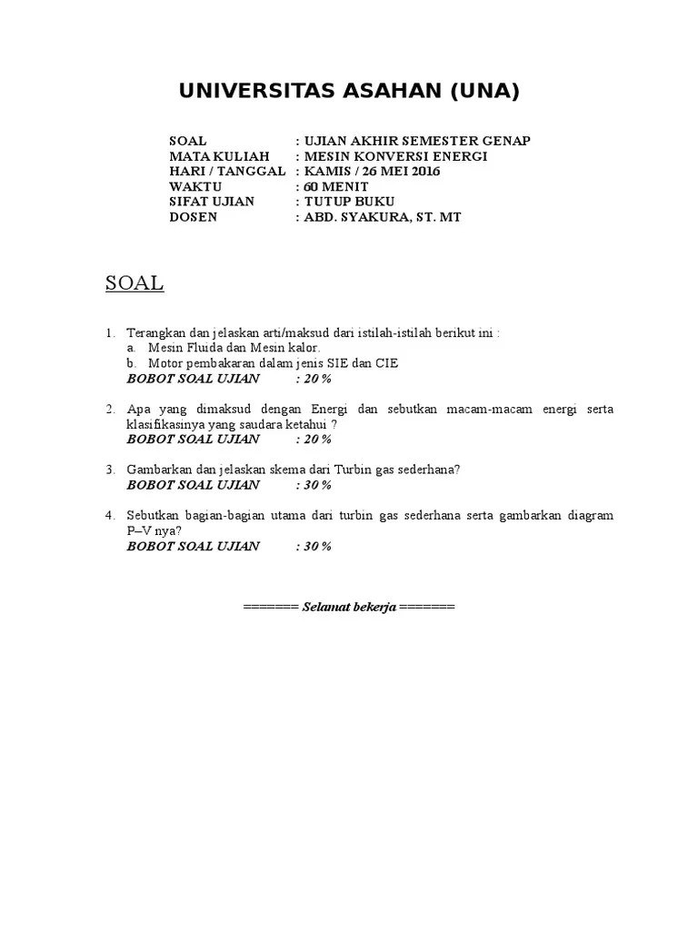 Soal Uas Thermo Dan Mesin Konversi Energi 2016 | PDF