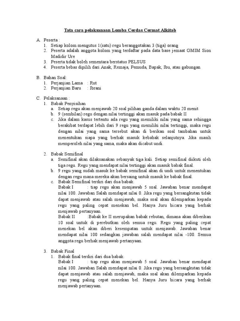 Tata Cara Pelaksanaan Lomba Cerdas Cermat Alkitab | PDF