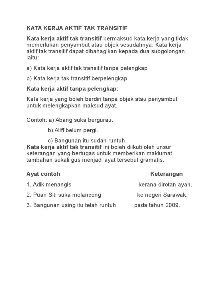 Contoh kata kerja aktif : Kata Kerja Transitif Aktif Kata Kerja Aktif Merupakan Kata Yang Subjeknya Berperan Sebagai Pelaku