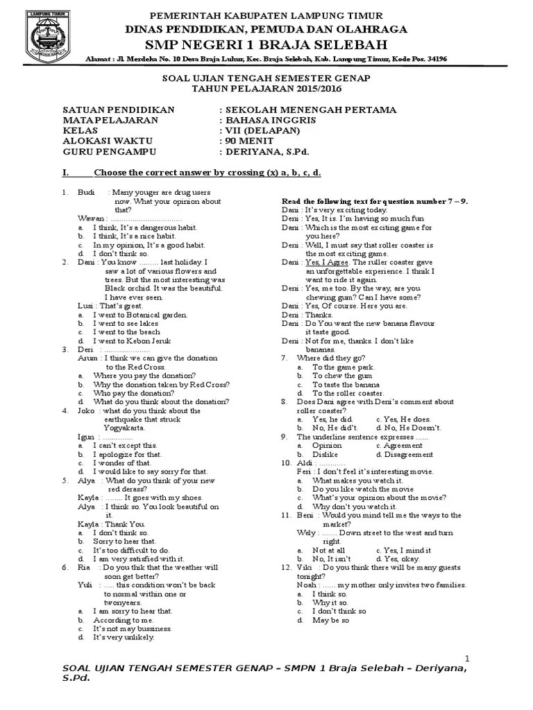 Berikut ini adalah contoh soal penilaian tengah semester (pts/ uts) mata pelajaran bahasa inggris kelas 7 (vii) semester 1 (ganjil/gasal) smp/ mts berdasarkan . 20 Contoh Soal Mid Semester Bahasa Inggris Kelas 10 Kumpulan Contoh Soal