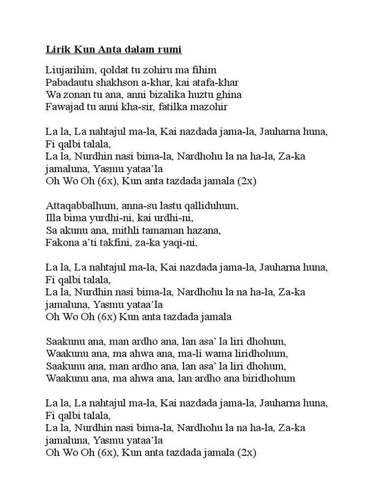 Lirik Kun Anta Dalam Rumi | PDF