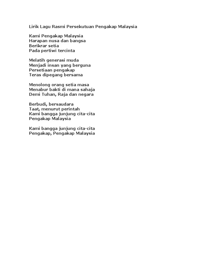 Lagu rasmi persekutuan pengakap malaysia beserta lirik lirik lagu pengakap malaysia kami pengakap malaysia harapan nusa dan bangsa berikrar . Lirik Lagu Rasmi Persekutuan Pengakap Malaysia Pdf