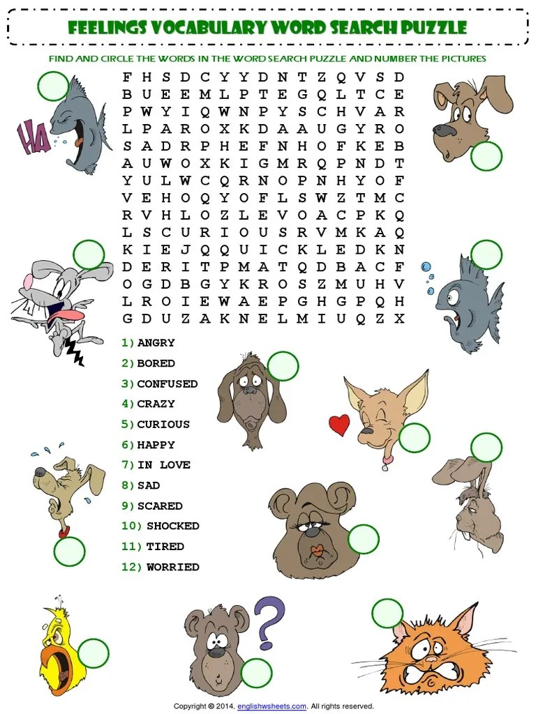 feelings emotions esl vocabulary word search puzzle