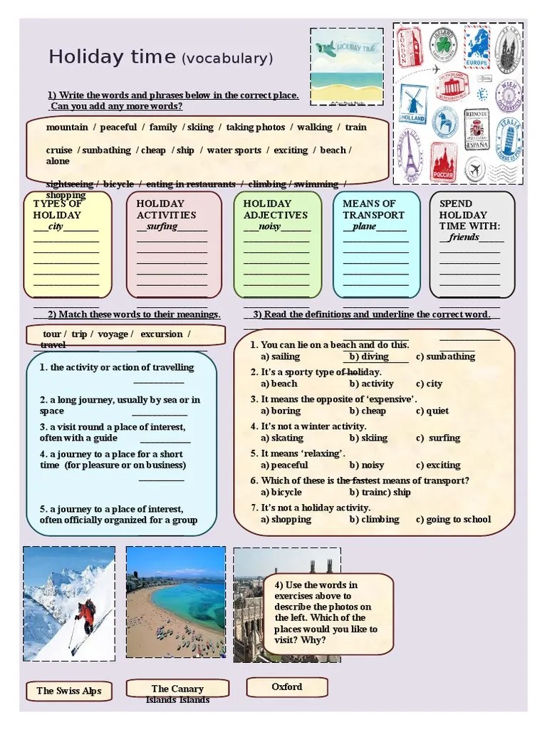 holiday time vocabulary worksheet for intermediate students pdf