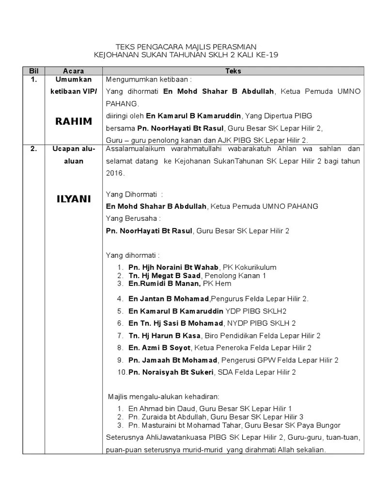 Teks Pengacara Hari Sukan Teks Pengacara Perasmian Dan Penutupan Kejohanan Sukan Pdf Document 39 573 Likes 24 Talking About This Ehsan Maya