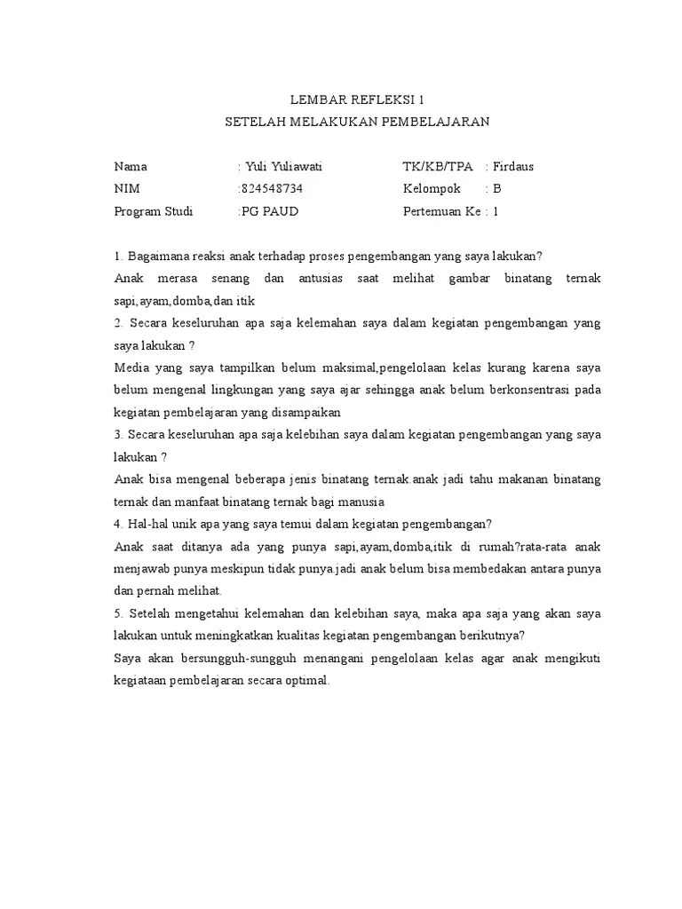 Inilah yang anda cari tentang contoh lembar refleksi setelah melakukan pembelajaran di paud. Contoh Lembar Refleksi Setelah Masnurul