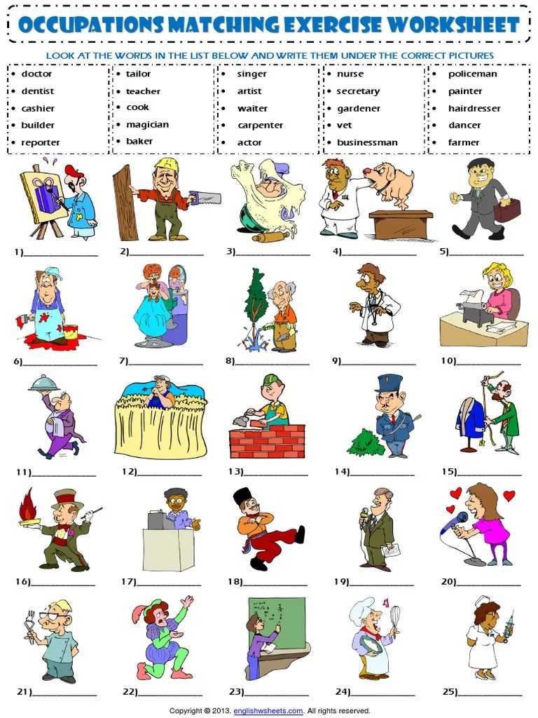 jobs occupations professions vocabulary matching exercise worksheet pdf pdf