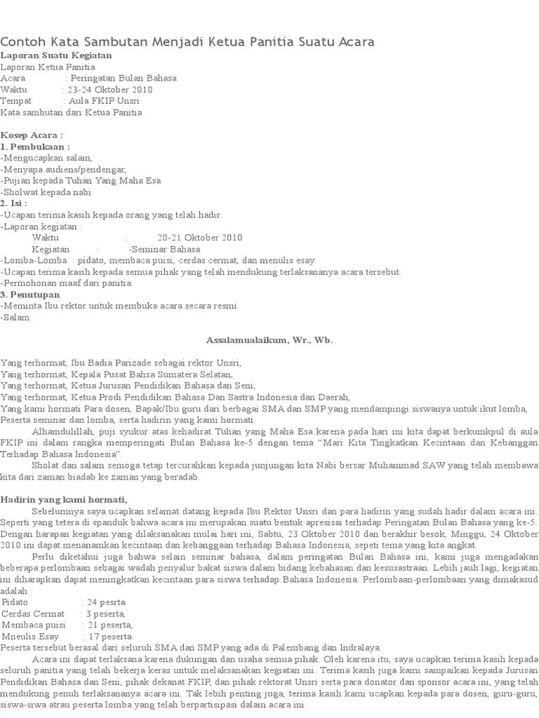 Contoh Kata Sambutan Menjadi Ketua Panitia Suatu Acara | PDF