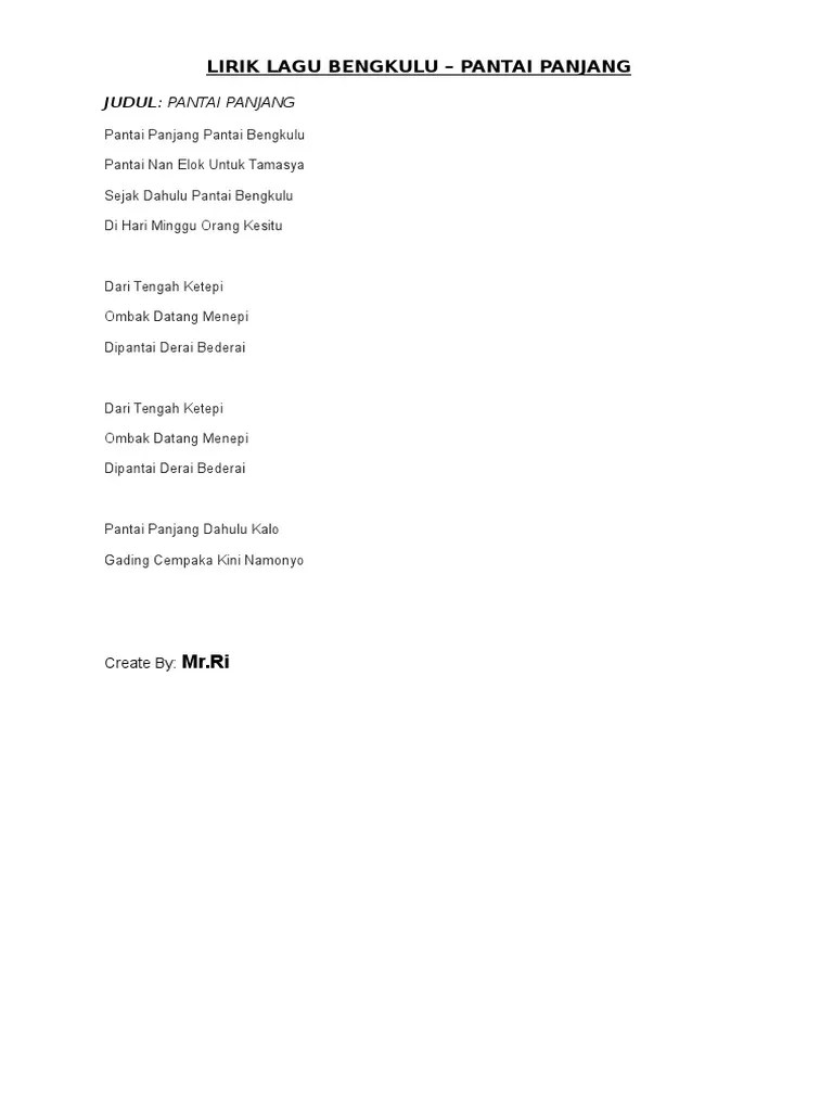 Lirik Lagu Bengkulu - Pantai Panjang | PDF