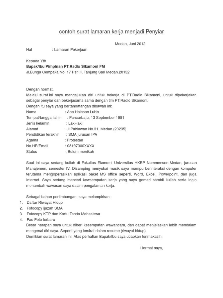 Saya yang bertanda tangan di bawah ini:. Contoh Surat Lamaran Kerja Radio ~ contoh surat lamaran
