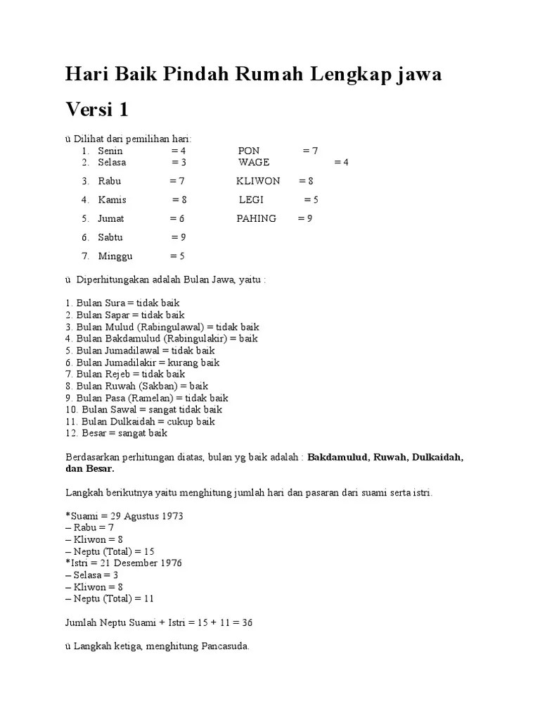 Hari Baik Pindah Rumah Lengkap Jawa | PDF