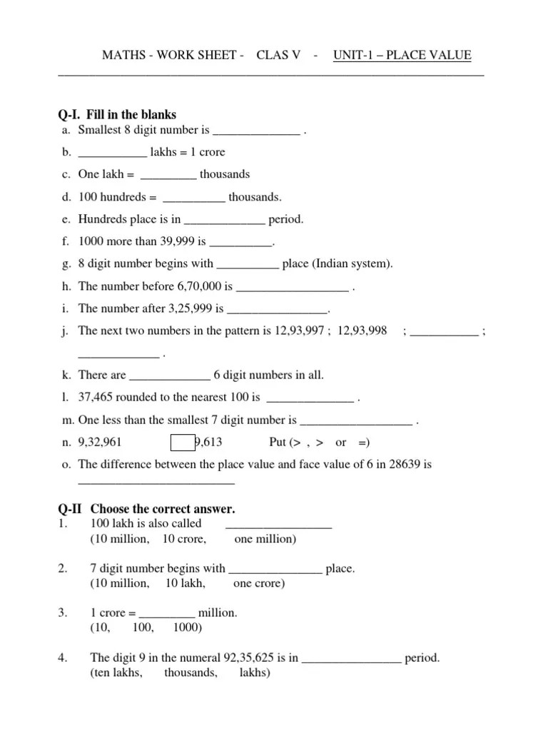 In mathematics, place value is the position of each digit in a number. Cbse Class 5 Mathematics Worksheet Place Value Pdf