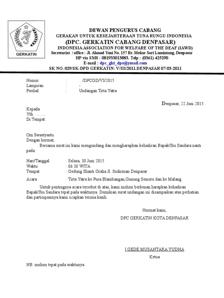 Kumpulan contoh surat lamaran kerja contoh surat niaga dalam bahasa bali surat dinas resmi contoh surat niaga dalam bahasa bali surat izin pernyataan. Surat Undangan Tirta Yatra