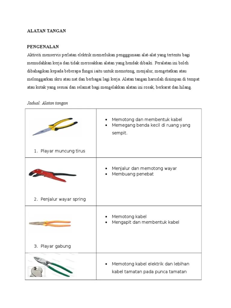 3.1.3.2 playar muncung tirusplayar jenis ini mempunyai muncung tirus sesuai untuk kerja di ruang yang sempit dankecil. Alatan Tangan Pdf
