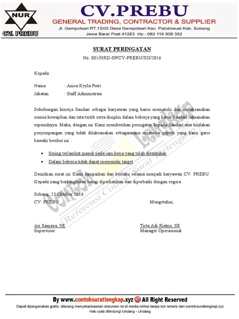 Contoh surat peringatan karyawan tidak disiplin. Contoh Surat Peringatan Kerja Sp 1 2 3 Pdf