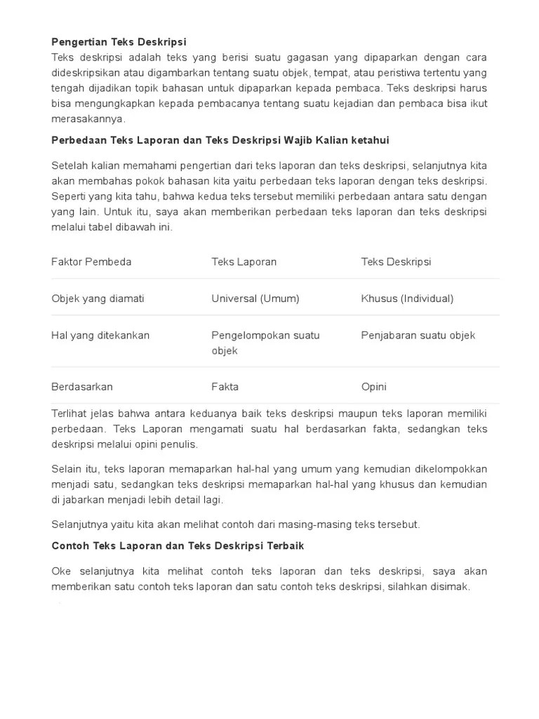Perbedaan teks laporan dan teks deskripsi teks laporan bersifat global dan universal teks deskripsi bersifat unik dan individual. Pengertian Teks Deskripsi Pdf