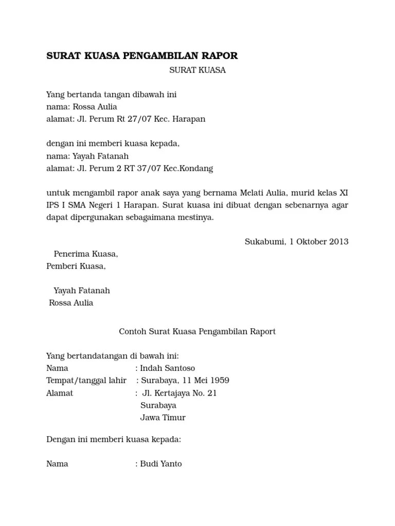 Radar auri cimanggis depok nama siswa: Surat Kuasa Pengambilan Rapor Pdf