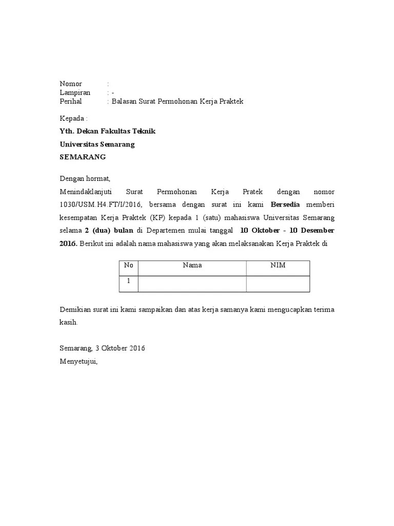 Contoh surat balasan pkl 2019 kumpulan contoh surat dan proposal. Surat Balasan Magang Pdf