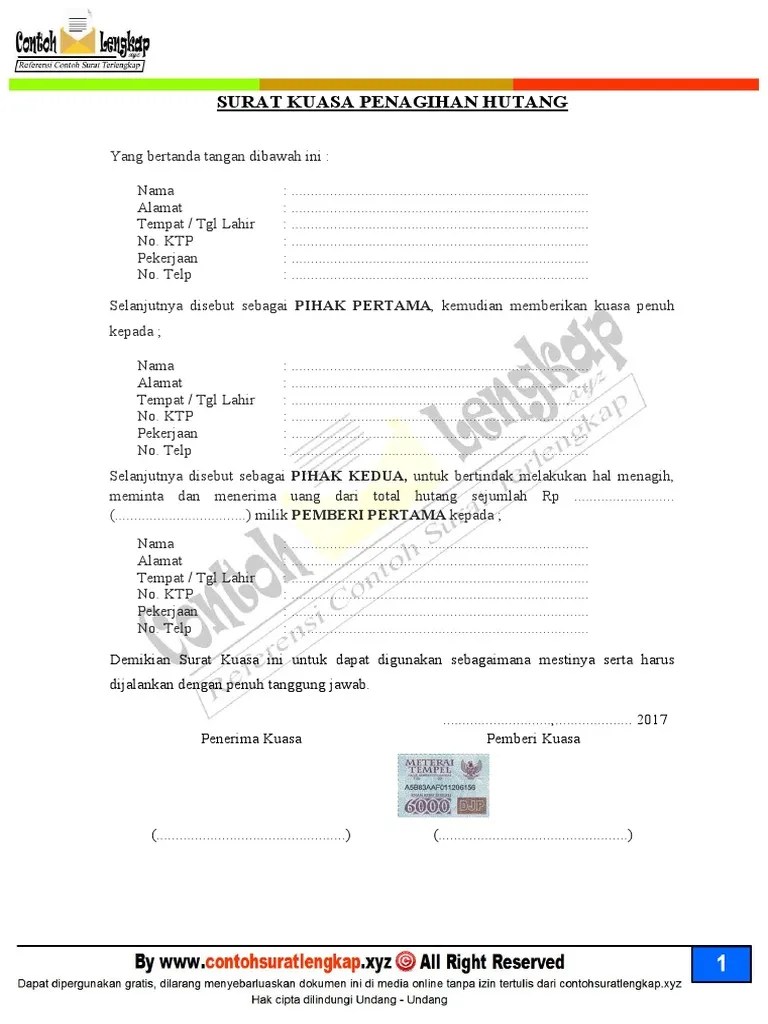 Contoh Surat Kuasa Penagihan Hutang | PDF