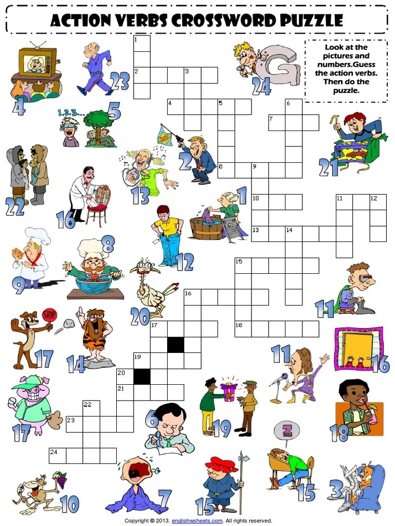 action verbs esl vocabulary crossword puzzle worksheet for kids pdf