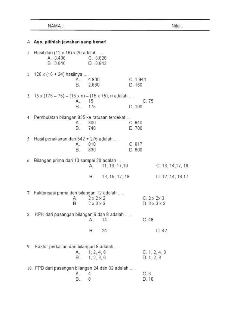 Maka mulailah ia mengatakan misalnya, katanya: Soal Uas Matematika Kelas 5 Semester 1 Pdf
