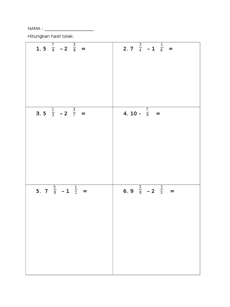 Video matematik tahun 5 tentang operasi bergabung tambah & tolak pecahan yang melibatkan nombor bulat, pecahan wajar dan nombor bercampur. Soalan Pecahan Tolak Tahun 5 Pdf