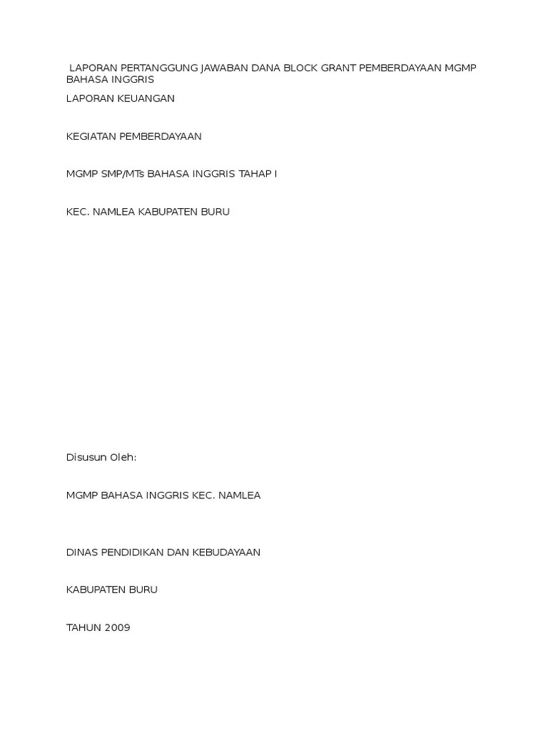 Contoh LPJ Dana Block Grant Pemberdayaan MGMP Bahasa Inggris | PDF