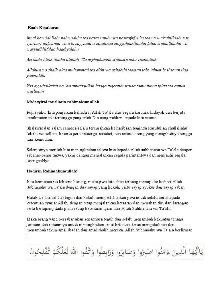 Berikut Contoh Khutbah Jumat Singkat Dengan Tema Buah Kesabaran | PDF