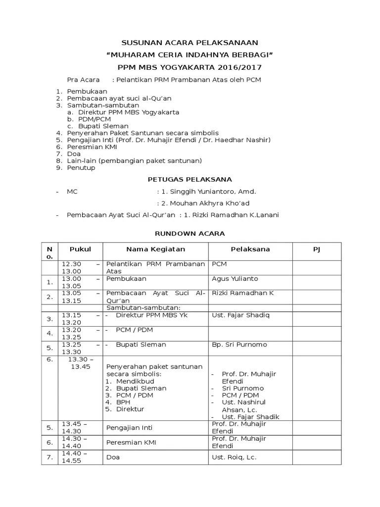 10 muharram yang disebut hari asyura memiliki banyak sejarah dan keistimewaan yang harus diketahui umat muslim. Susunan Acara Pelaksanaan Kegiatan Satu Muharram