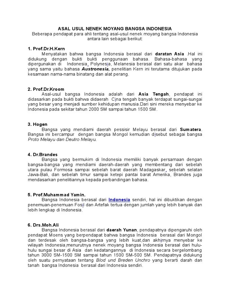 Jelaskan Asal Usul Nenek Moyang Bangsa Indonesia Menurut Beberapa Ahli
