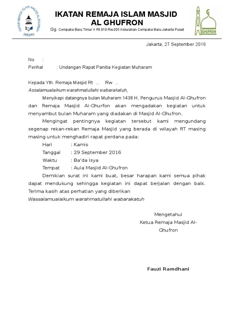 Download contoh surat undangan remaja masjid yang biasa disebut irma risma maupun irmaga dalam format doc ms word dan pdf yang dapat diedit . Letter Surat Undangan Rapat Kegiatan Muharam 1438 H Pdf
