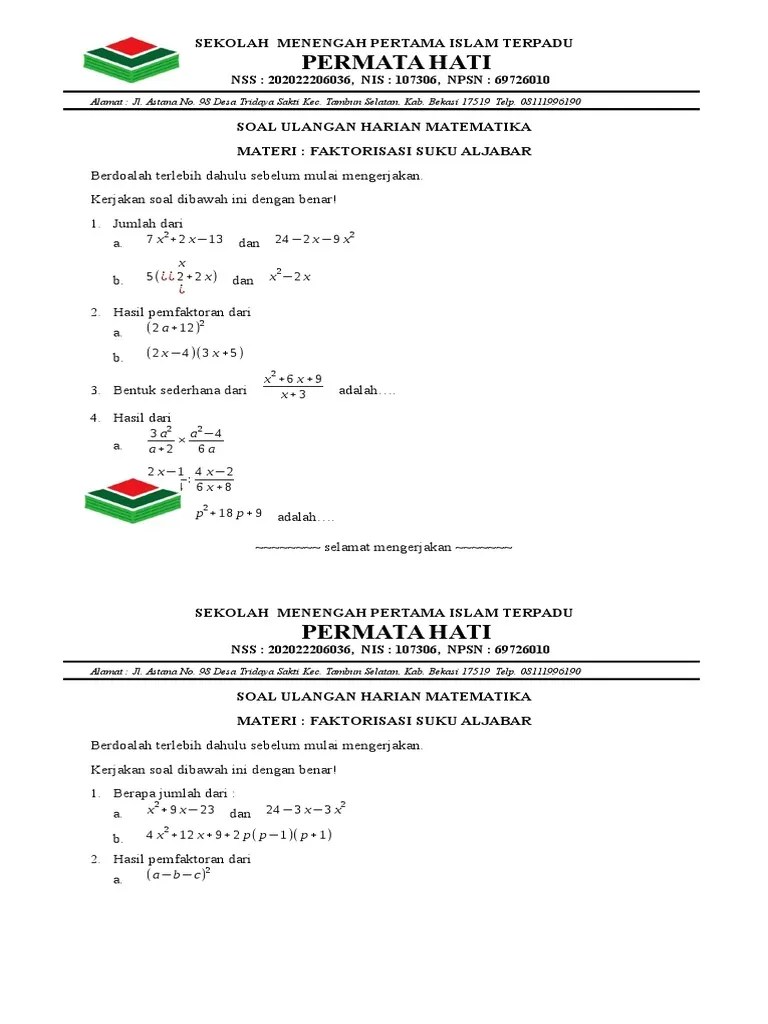Ulangan Pemfaktoran Aljabar | PDF