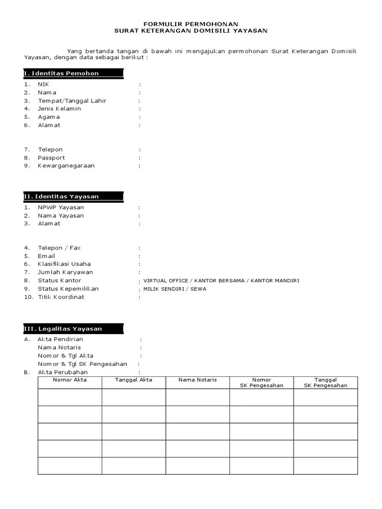 Surat pengantar rt (tempat dimana lokasi yayasan). Formulir Permohonan Skd Yayasan Pdf