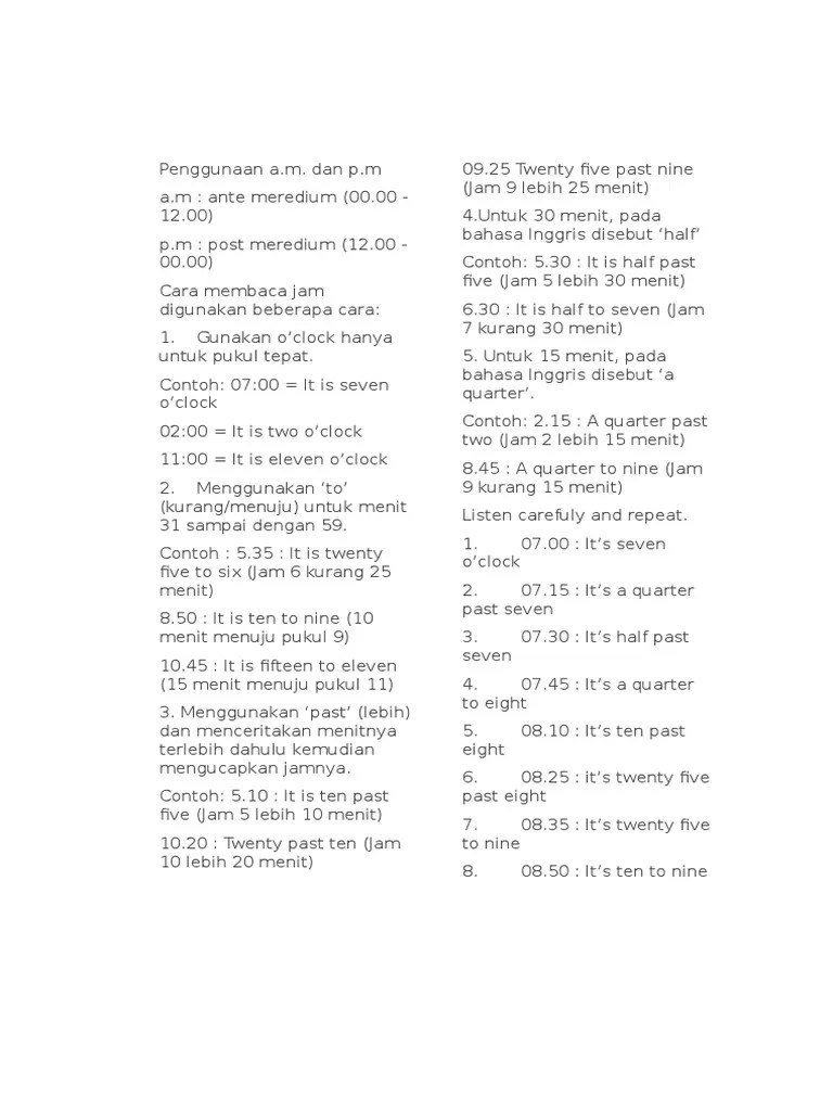 Cara Membaca Jam Atau Waktu Dalam Bahasa Inggris | PDF