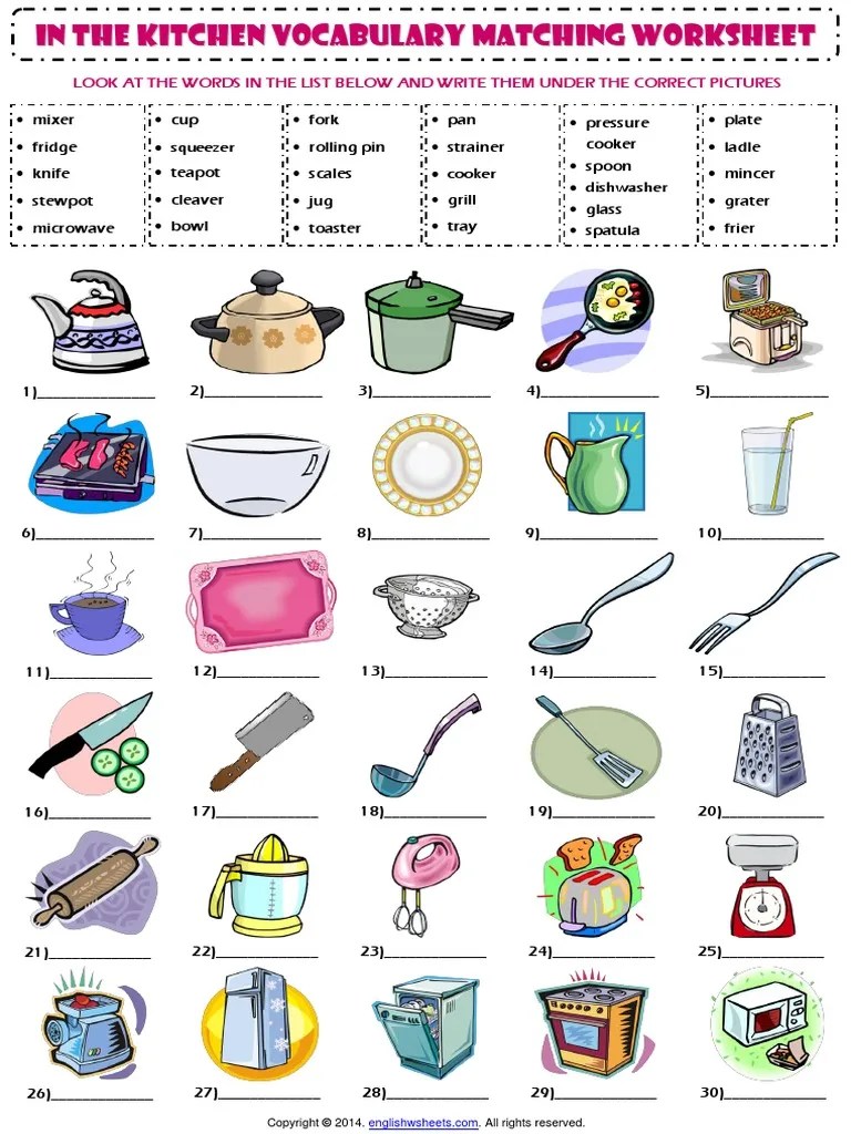 kitchen utensils esl vocabulary matching exercise worksheet