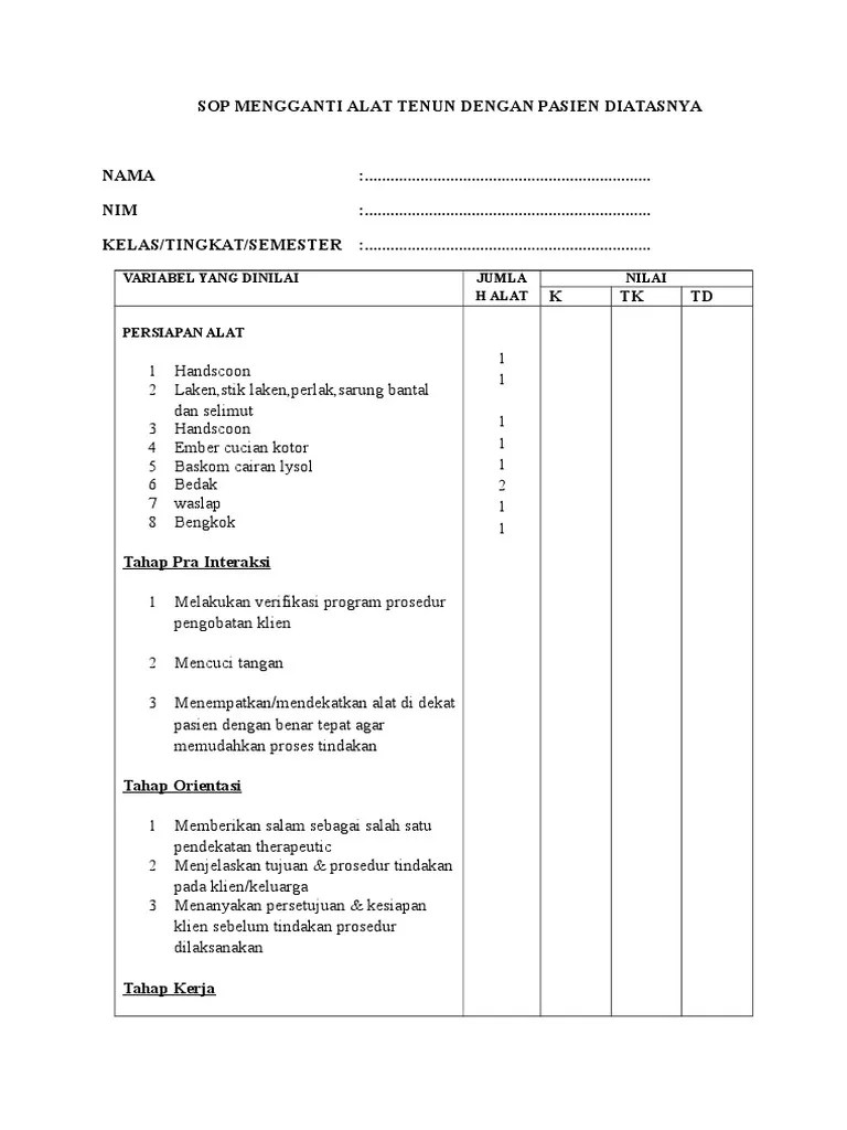 Sop Mengganti Alat Tenun Dengan Pasien Diatasnya - Berbagai Alat