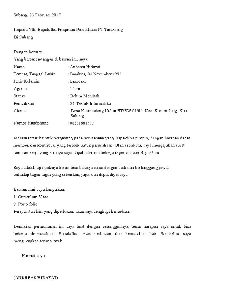 Subang autocomp indonesia (pt.suai) daerah subang diatas, silahkan kirimkan aplikasi surat lamaran kerja via email atau via pos ke alamat . Contoh Surat Lamaran Kerja Pt Taekwang Beinyu Com